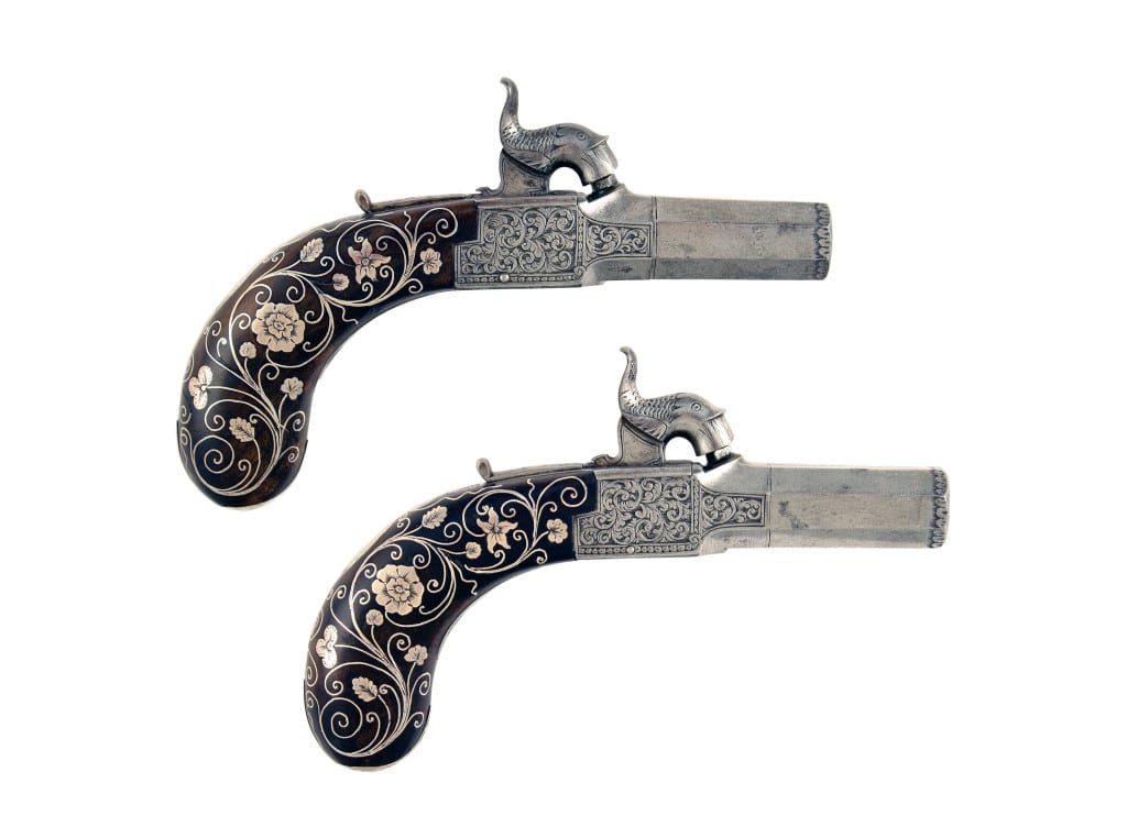 A Superb Pair of Silver Inlaid Pistols by J. Lang of London.