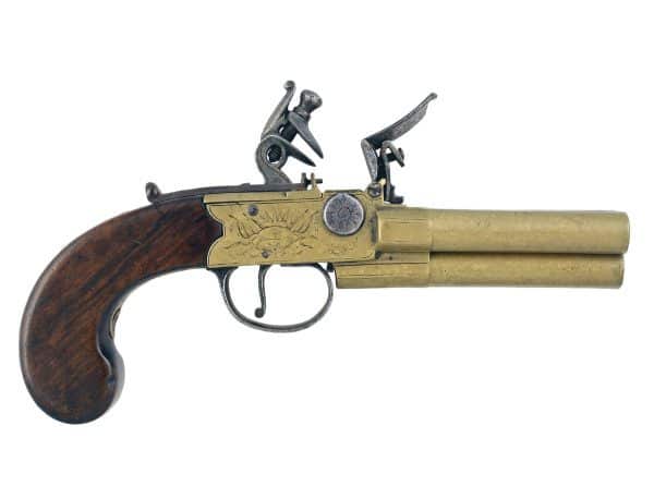 A Rare 80 Bore Flintlock Three Barrelled Tap Action Pistol by Thomas of London.