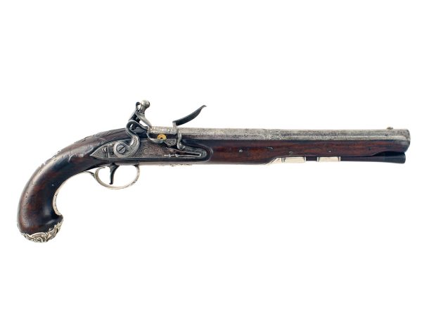 A Silver Mounted Flintlock Holster Pistol by Proctor of London.