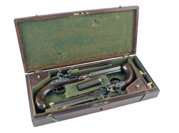 A Cased Pair of Flintlock Duelling Pistols by Wogdon & Barton of London.