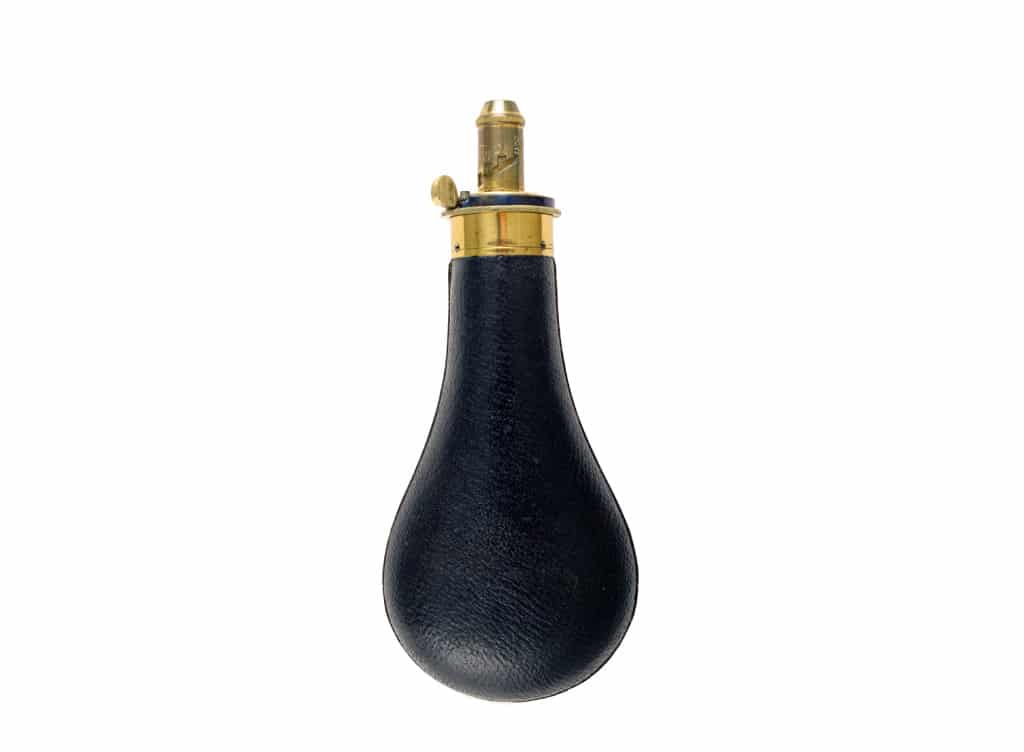 An Unused Black Leather Powder Flask.