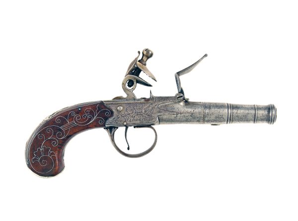 A Silver Inlaid Flintlock Cannon Barrel Pistol by Wilson of London